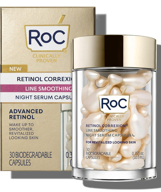 RoC Retinol Correxion Anti-Aging Wrinkle Night Serum, Daily Line Smoothing Treatment for Fine Lines, Dark Spots, Post-Acne Scars,  30 Individual Capsules, 0.35 Ounces