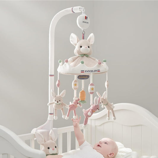 Evoceler Baby Mobile for Crib, Crib Musical Mobile for Boys Girls with 3 Modes Musical Box, Volume Control, 35 Lullabies, Comfort Toys for Newborn Infant Boys Girls (Rabbit Doll)